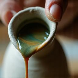 Close-up of a ceramic piece being dipped into a rich, earthy-toned glaze, showing the transformation.