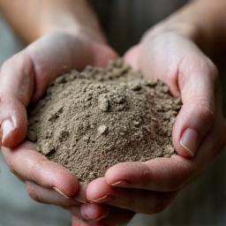 Close-up of hands sifting through natural clay or holding unique pigments, symbolizing material sourcing.