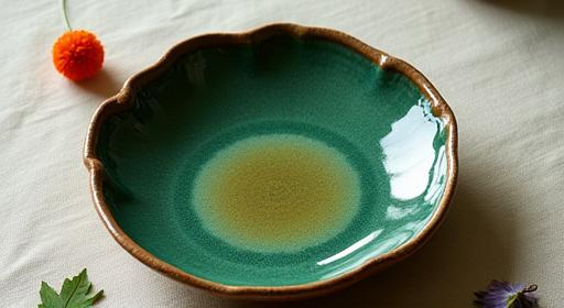 Unique glazed ceramic plate with an organic, uneven edge and a vibrant, earthy reactive glaze.