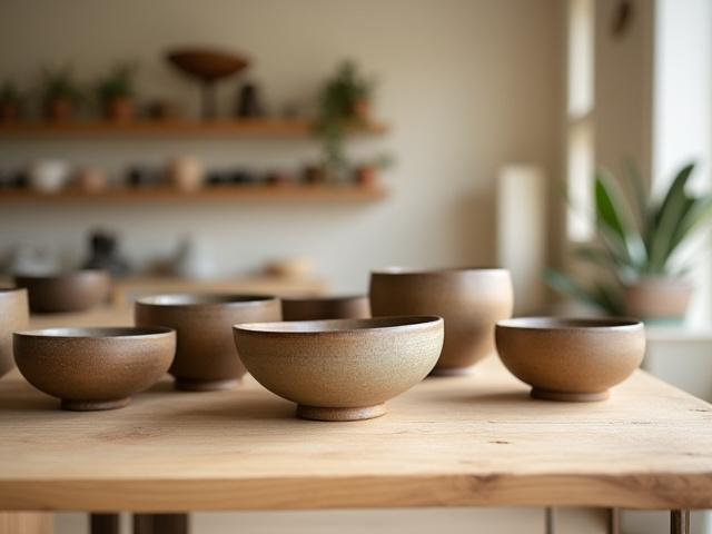 Artistic ceramic and glassware pieces displayed beautifully on wooden shelves in a serene yoga studio retail area.